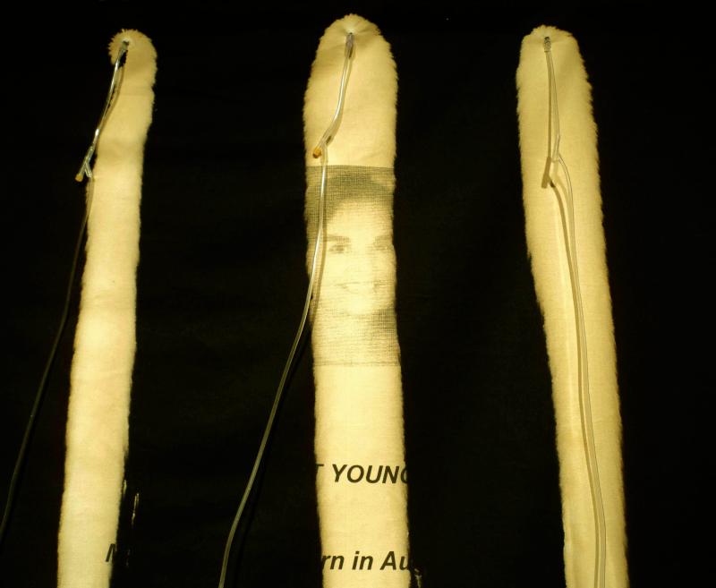 detail of Peter Buotte's Memorial to my Mother featuring a sliver of an image and text