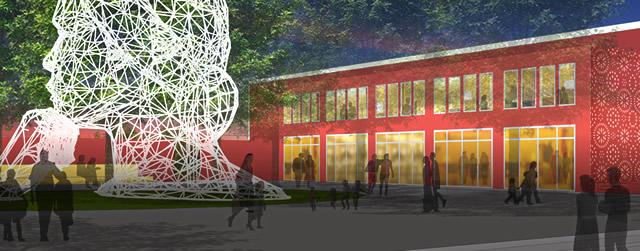 rtist rendering of a public site at night with a large wirey scupture to the left and a two-story community center to the right