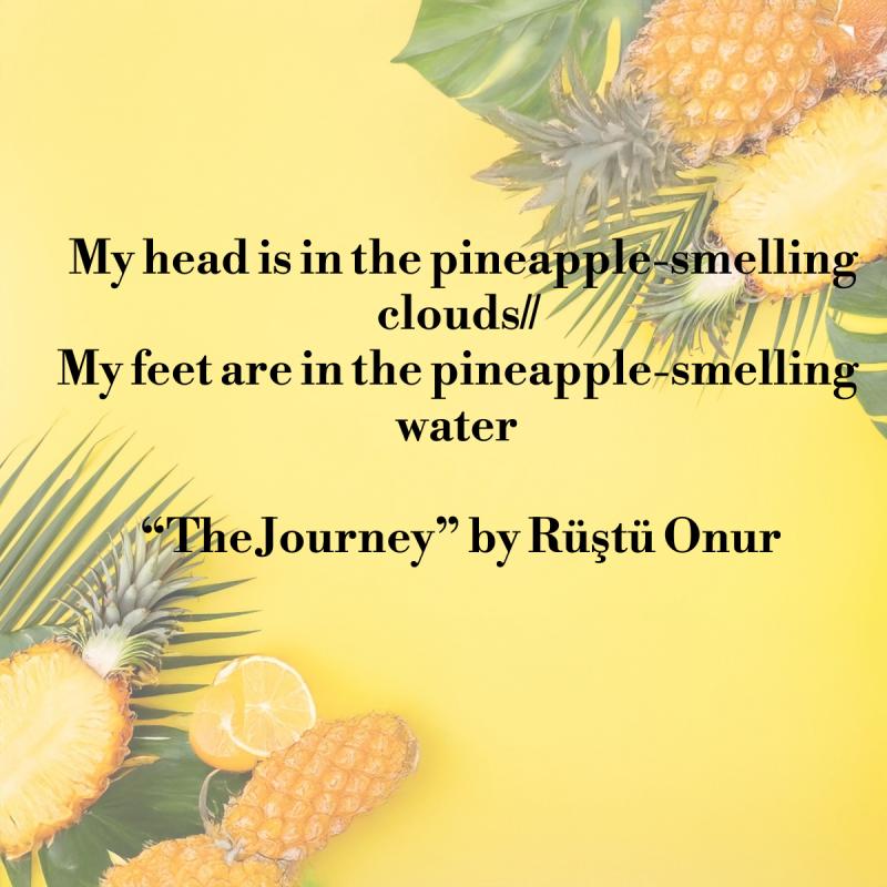 Pineapples and their leaves with poem written in black