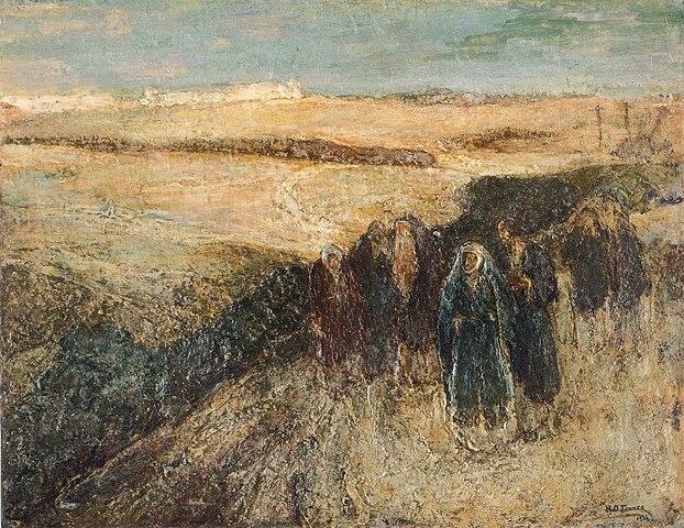 An abstract oil painting picturing a landscape with a line of people walking towards the foreground.