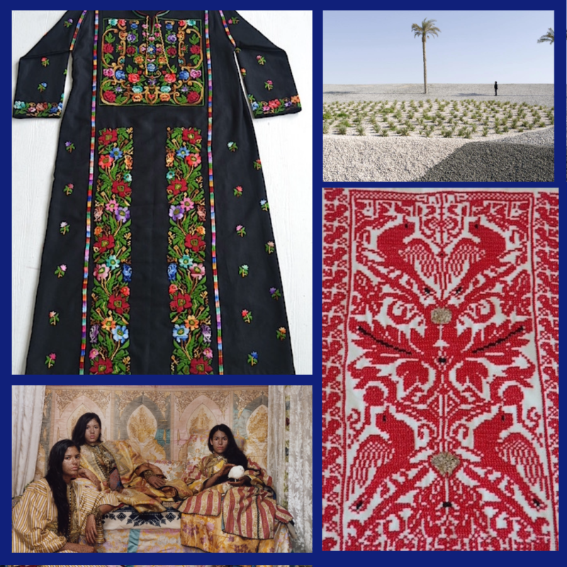 collage of four photos including black dress with Palestinian embroidery, a desert landscape, a red and white embroidered fabric piece, and a group of three women