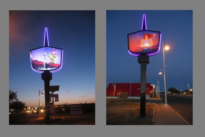 A sign filled with artwork and traced with neon.