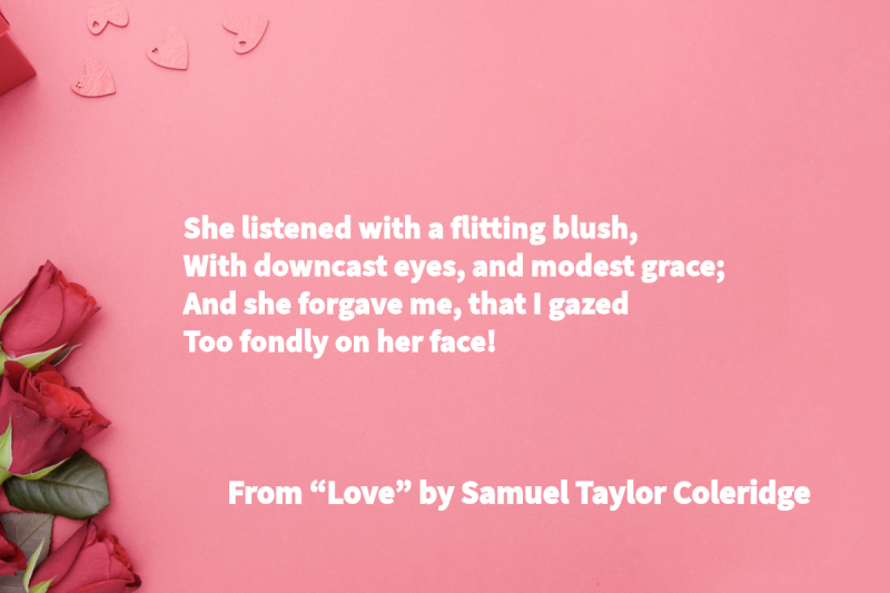 Photo of a pink background with red roses on the left side and pink hearts with text that says: “She listened with a flitting blush, / With downcast eyes and modest grace; / For well she knew, I could not choose / But gaze upon her face.” From “Love” by Samuel Taylor Coleridge