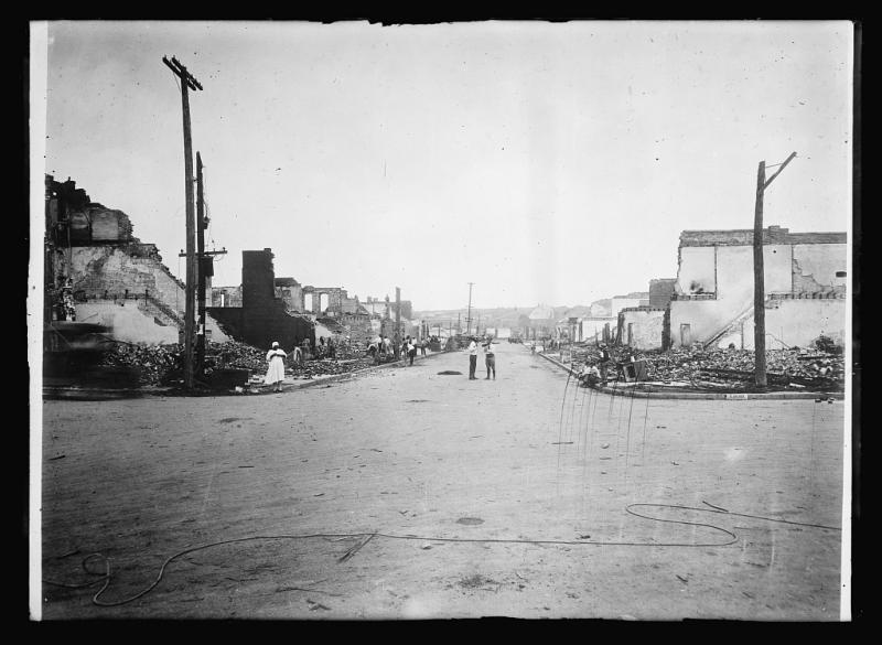 Historic photo of buildings burned down or bombed in Tulsa.