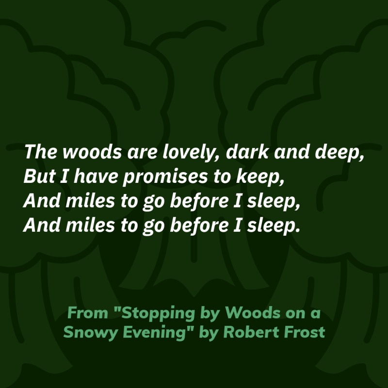 The woods are lovely, dark and deep,/ But I have promises to keep,/ And miles to go before I sleep,/ And miles to go before I sleep./