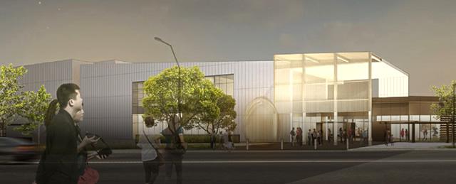 Artist rendering of a night shot of a plaza in front of the museum