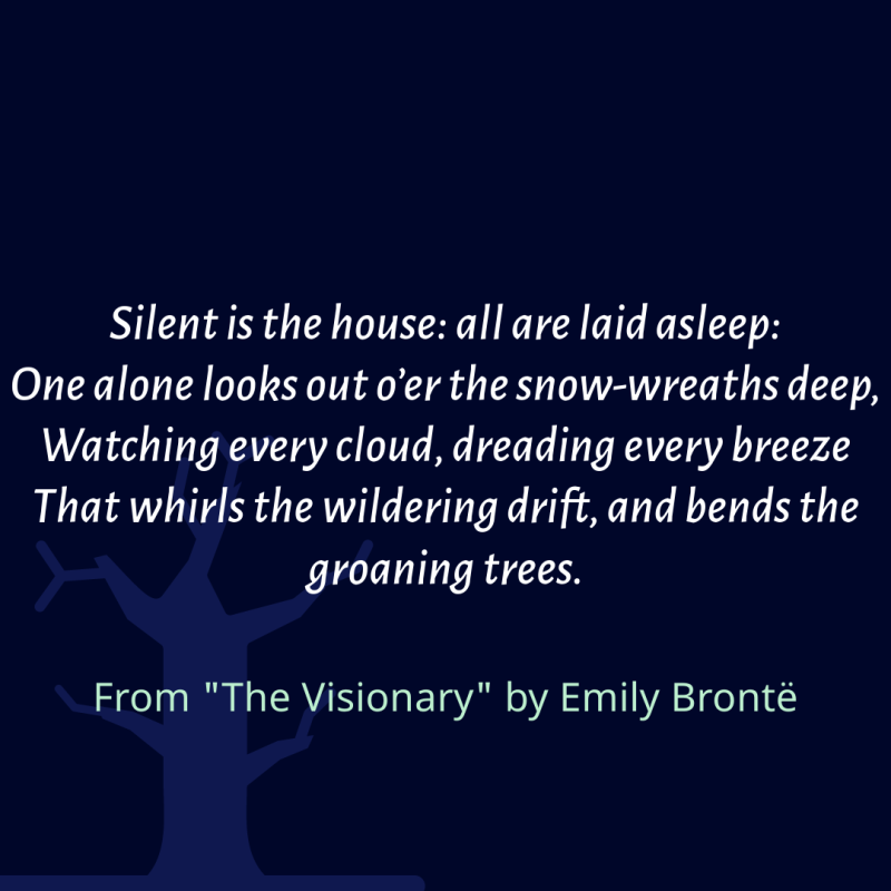Silent is the house: all are laid asleep: One alone looks out o’er the snow-wreaths deep, Watching every cloud, dreading every breeze That whirls the wildering drift, and bends the groaning trees.