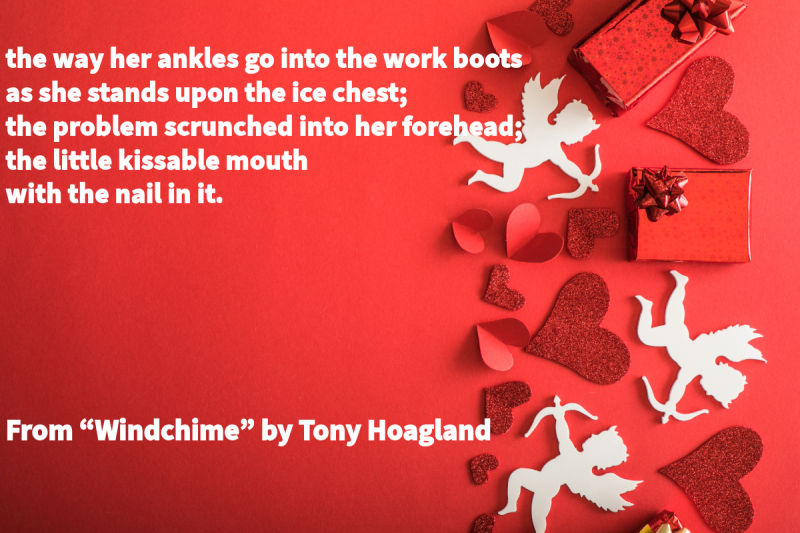 Photo with a red background, white Cupids, red hearts, and red gift boxes with text that says: “the way her ankles go into the work boots / as she stands upon the ice chest; / the problem scrunched into her forehead; / the little kissable mouth / with the nail in it.” From “Windchime” by Tony Hoagland