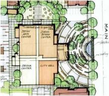 The master plan for developing Driggs's downtown community plaza. Image courtesy of City of Driggs.
