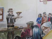 Pie Social, 1997, by Carl Gawboy, a member of the Boise Forte Band of Chippewa, is displayed at the Min No Aya Win Human Services Center on the Fond du Lac Reservation in Minnesota.