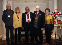 A group shot of NEA Jazz Masters Charles Lloyd, Carla Bley, George Coleman, Joe Segal, and NEA Chair Jane Chu