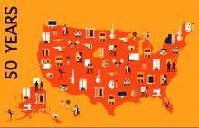 U.S. map with symbols of the arts