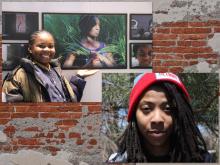 Young African-American youth standing next to his artwork; young African-American girl in red hat. 