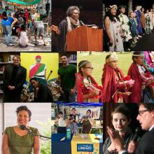 a collage of images related to the NEA Big Read including authors reading their books, chalk poetry for kids, costumed theater activities, farmers market booth with Big Read books and paintings inspired by the Big Read
