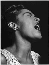 close-up portrait of Billie Holiday singing