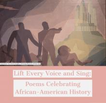 black and white text with title under painting of 3 African American figures in pinkish hues looking at a building