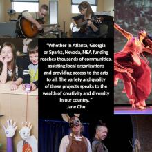 a collage of photos including a man and woman playing guitars, a woman in a red costume dancing, two actors doing a Shakespeare play, and a group of kids admiring their crafts