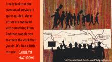 quote by Carolyn Mazloomi with quilt featuring map with Civil Rights march from Selma to Montgomery and outlined figures of marchers 