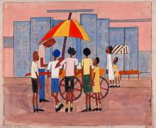 Painting of African-American children around an ice-cream cart manned by an African-American man against a background of blue skyscrapers