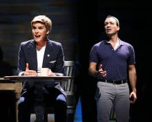 Jenn Colella and Caesar Samayoa in character for the musical Come From Away