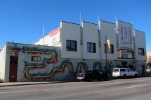 Exterior of the Denver Civic Theatre, with mural