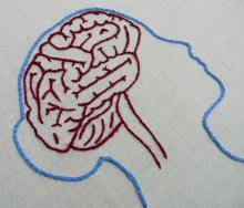 A brain embroidered on an embroidery hoop