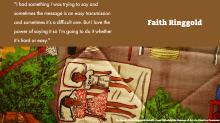 quote with image of detail of Tar Beach story quilt which shows two young African American kids lying on a rooftop with a clothesline in the background and trees in the lower corner of the quilt