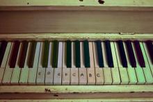 close-up of piano keyboard with white keys labeled C, D, E, F, G, A, B, C