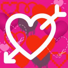 a graphic of multicolored hearts all over a dark pink background with one central heart in white