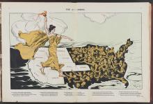 Illustration of women walking over western map of US to lead women to suffrage.