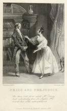 an engraving of a scene from Pride and Prejudice with Lizzie Bennett and Mr. Darcy