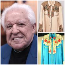 collage of photo of Manuel Cuevas and two western style shirts embellished with embroidery and other design elements