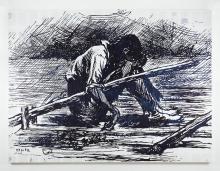 A black and white sketching of a character from Mark Twain's novel. The character is sitting with his head tucked into his legs. 