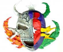 mask with half a skull and flame and half with laurels and lightning