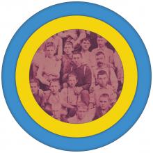 Logo with outer blue circle and inner yellow circle around an old photo of men and boys posing for a portrait. 