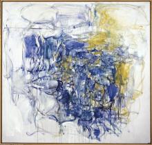 abstract expressionist work by joan mitchel in blue, white, and mustard tones
