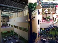 Two photos of a section of the hospital before and after redesign.