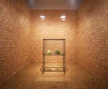 Yellow room with glass vitrine in the middle