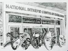 Pencil sketch of the front of the NICOE building with masks drawn in front