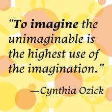 Quote: "To imagine the unimaginable is the highest use of the imagination" in black text against transparent yellow + pink circles