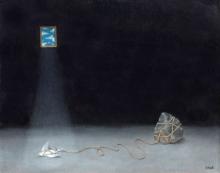 Painting of a fallen dove tied to a rock