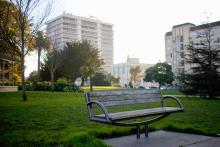 empty brown wooden bench at park