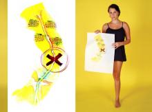 a diptych of an artwork made from an image of a scar and a young woman with one leg holding the art work