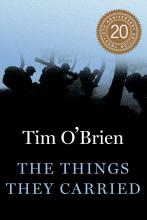 The Things They Carried book cover with author name and book title  with a blurred image of soldiers carrying their weapons through a forest