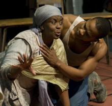 Thoko Ntshinge and Bongile Mantsai in character for "Mies Julie"