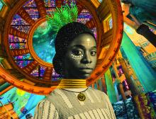 Women with colorful graphics behind her.