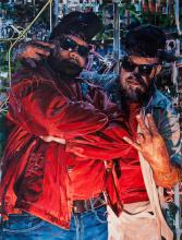 a painting of two young men in sunglasses and backward baseball caps