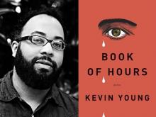 a diptych photo of African-American poet Kevin Young and his poetry collection Book of Hours which features a single eye and three teardrops