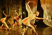 Group of female dancers posed on stage. 