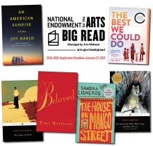 Big Read logo with book covers for An American Sunrise, The Best We Could Do, The Call of the Wild, the House on Mango Street, Beloved, and The Grapes of Wrath
